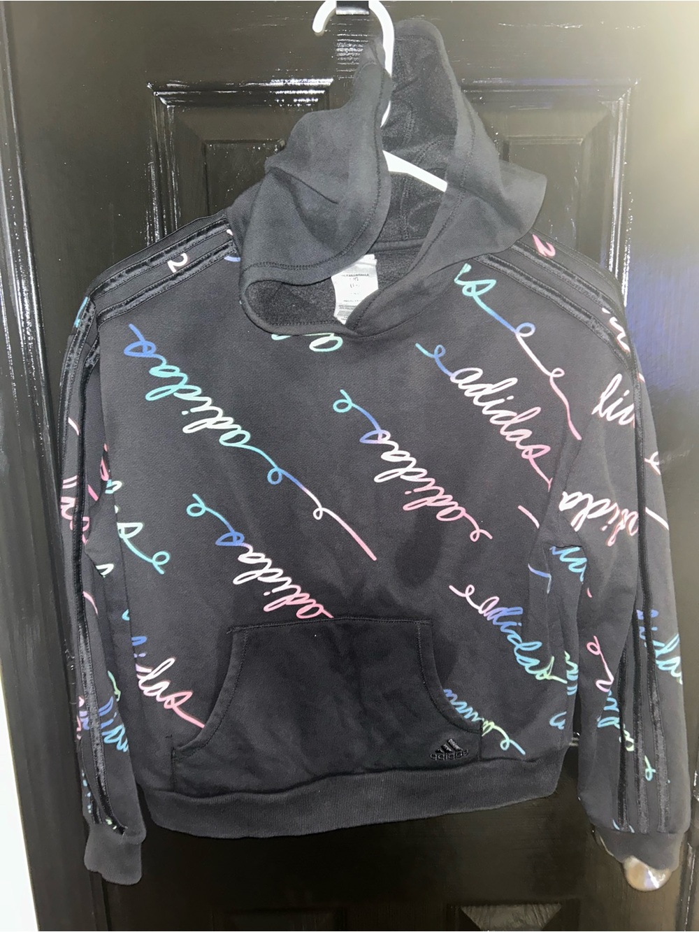 adidas Black Hoodie with Pastel Script Print